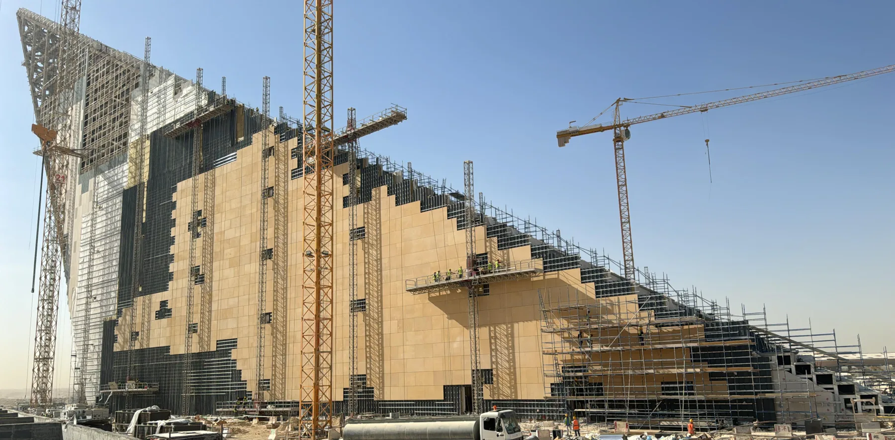King Salman Park, under construction. The wall being dressed in stone, with the cranes still up.
