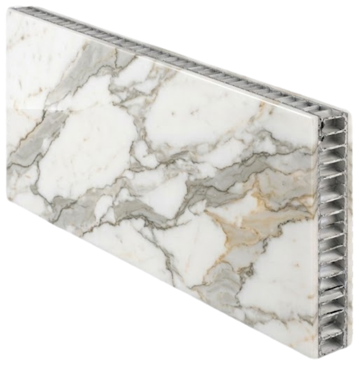 Panel Aerostone de canto: la cara de piedra y el núcleo de panal de aluminio visible en el canto